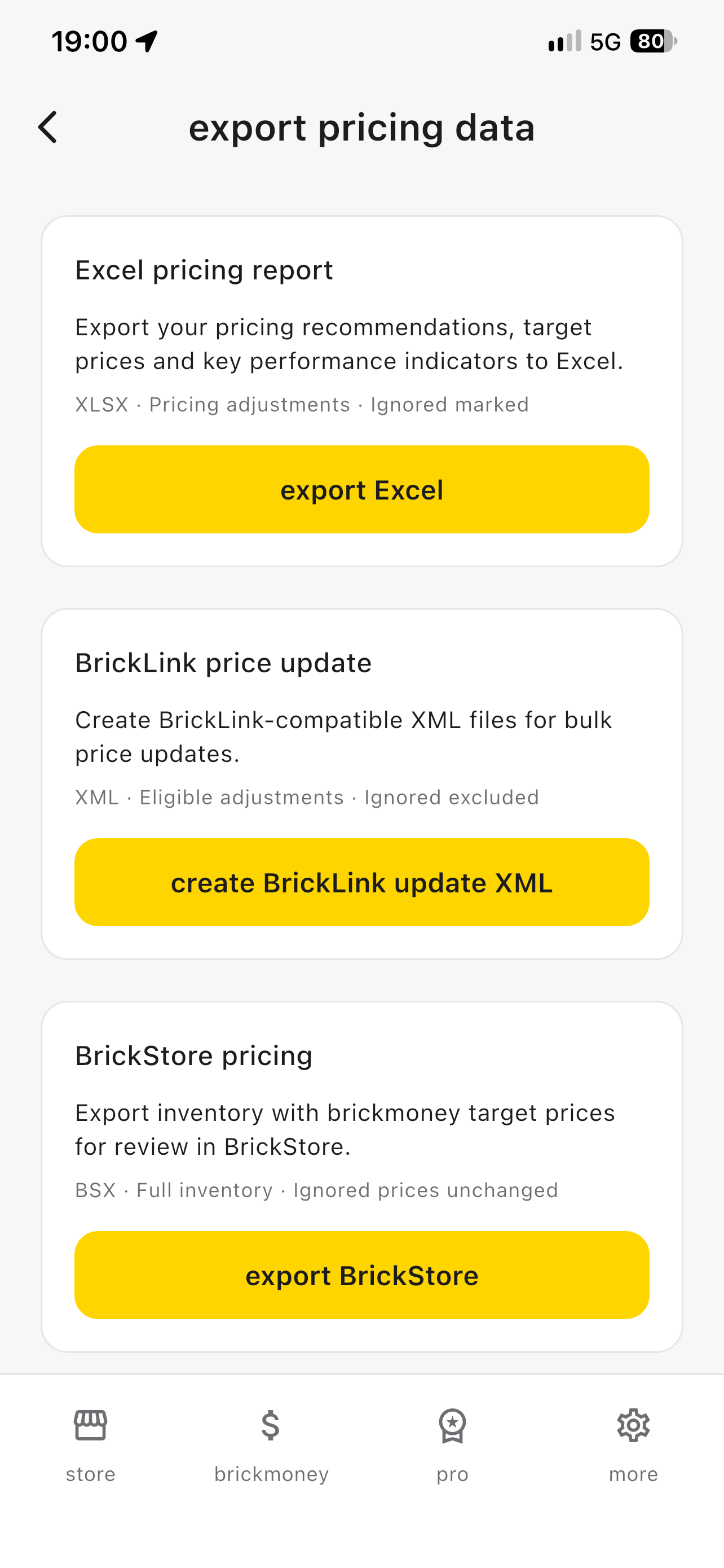 Export pricing data screen with Excel, BrickLink XML and BrickStore BSX options