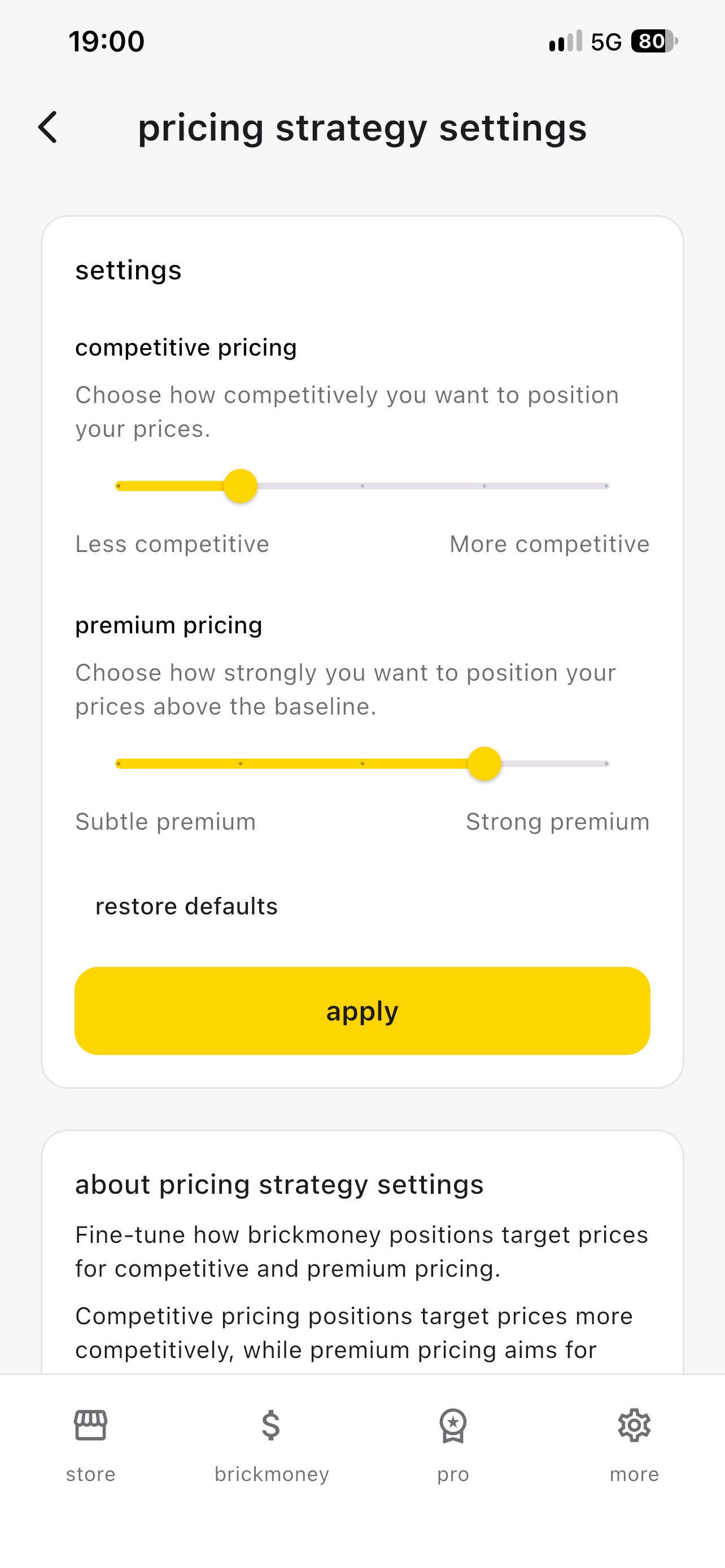 Pricing strategy settings screen with separate sliders for competitive and premium pricing